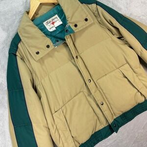 Vtg Field & Stream Men's Puffer Jacket Tan Green Down Fill Removable Sleeves XL